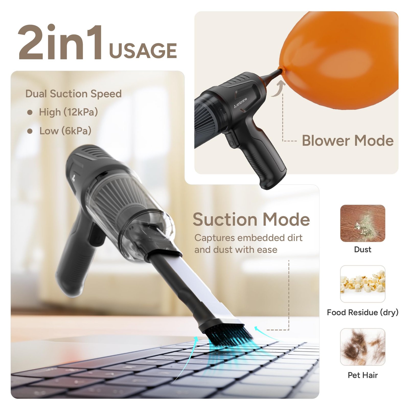 Ambrane MiniVac 02 80W 2-in-1 Handheld Wireless Vacuum Cleaner & Blower - Image 2