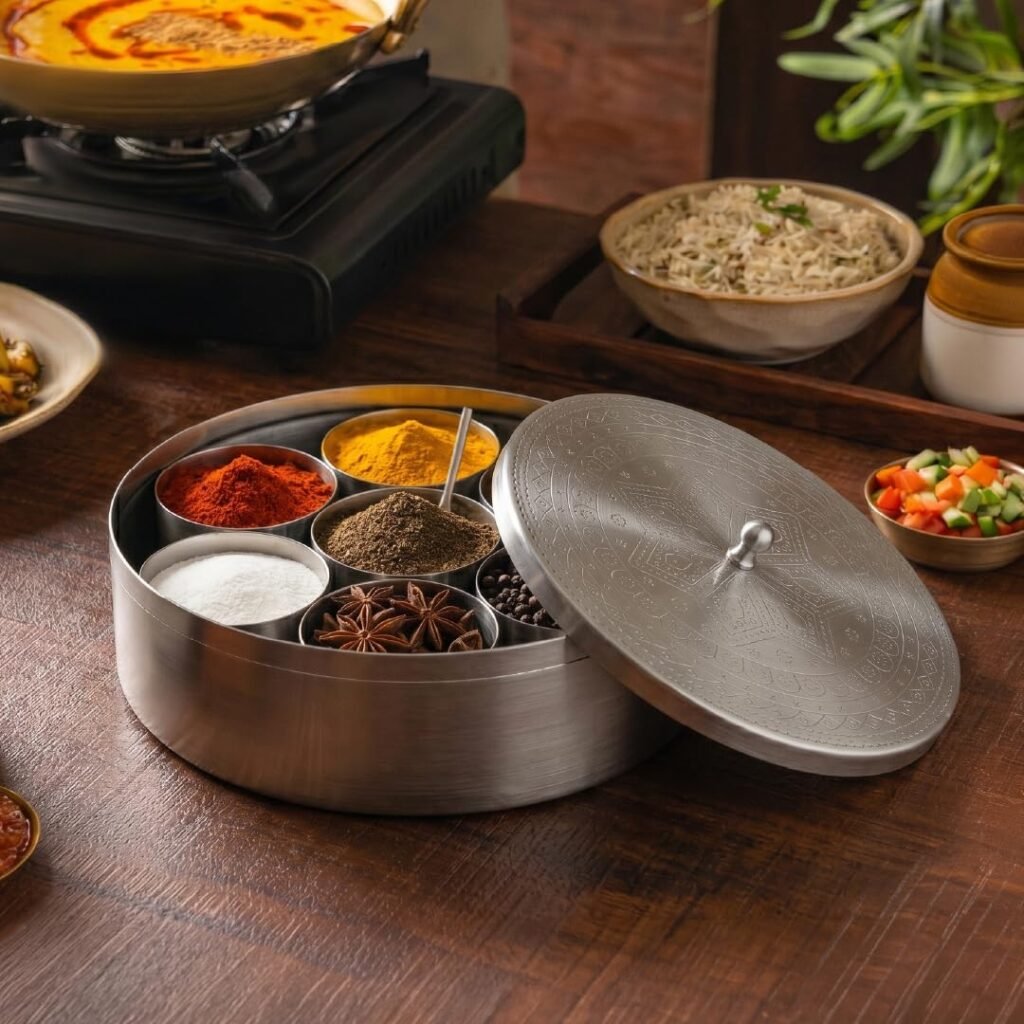 Curaa Traditional Embossed Stainless Steel Spice Box (Masala Dabba)